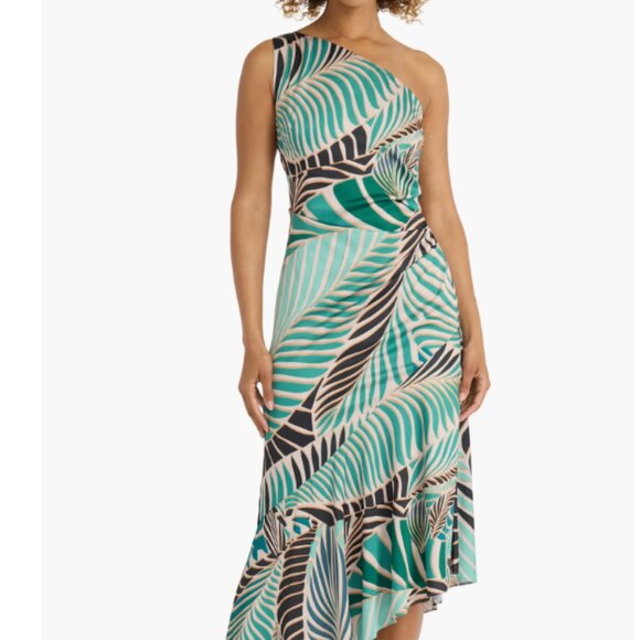 NEW Maggy London One Shoulder Asymmetrical Midi Dress Tropical Size 12 - Picture 1 of 10